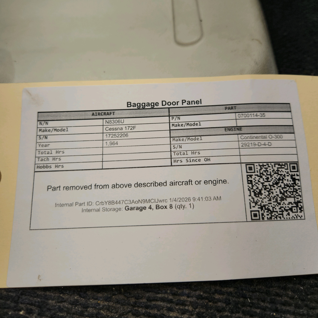 Used aircraft parts for sale, 0700114-35 Cessna 172F Baggage Door Panel