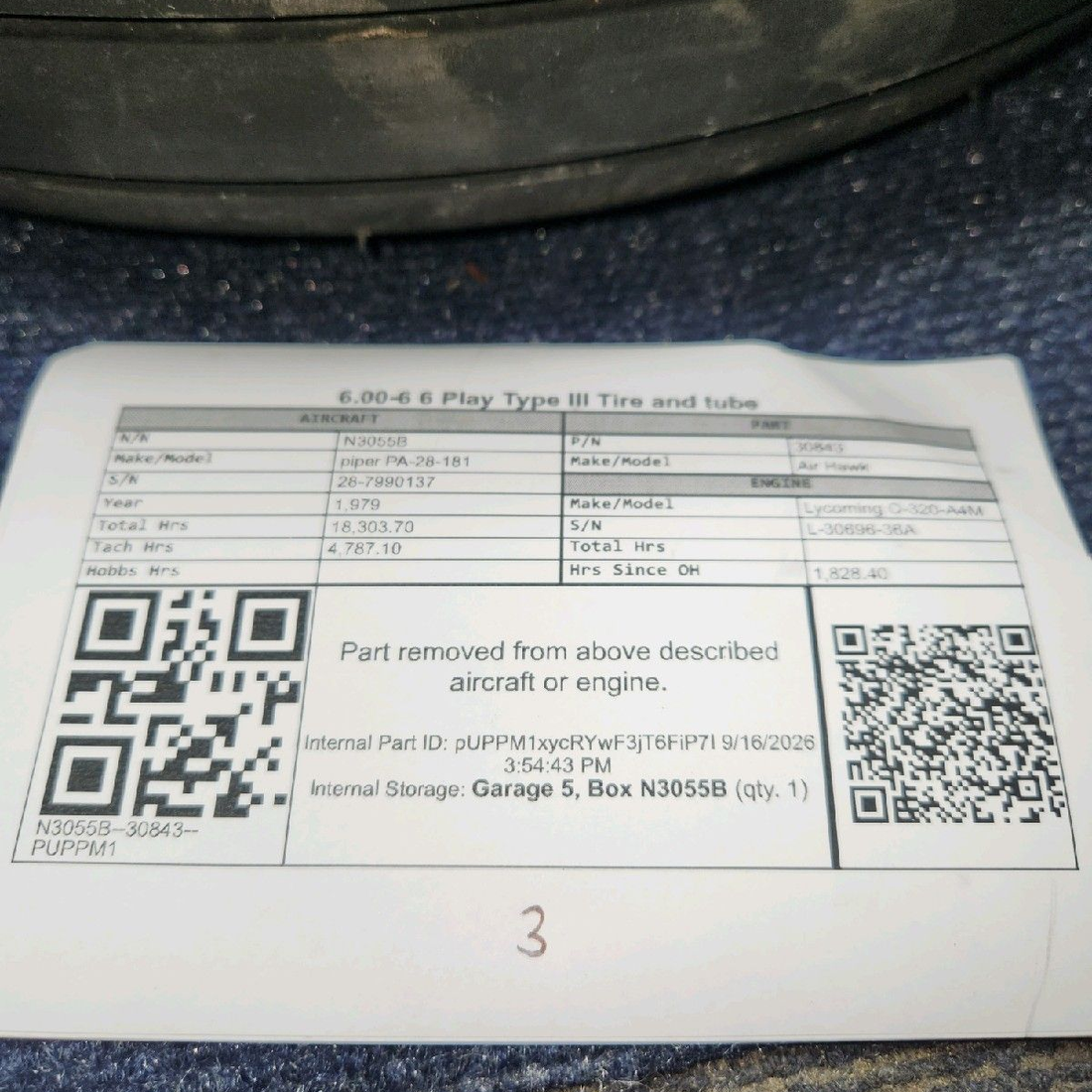 Used aircraft parts for sale, 30843 Air Hawk piper PA-28-181 6.00-6 4-Ply Type III Aircraft Tire with Tube