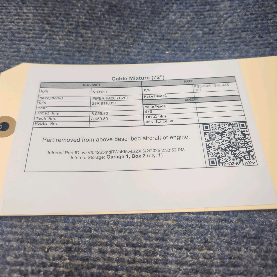 Used aircraft parts for sale, PS50146-13-8 PIPER PA28RT-201 Cable Mixture (72")