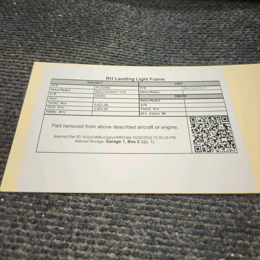 Used aircraft parts for sale, 35-115210-11 BEECHCRAFT F35 Landing Light Frame - RH