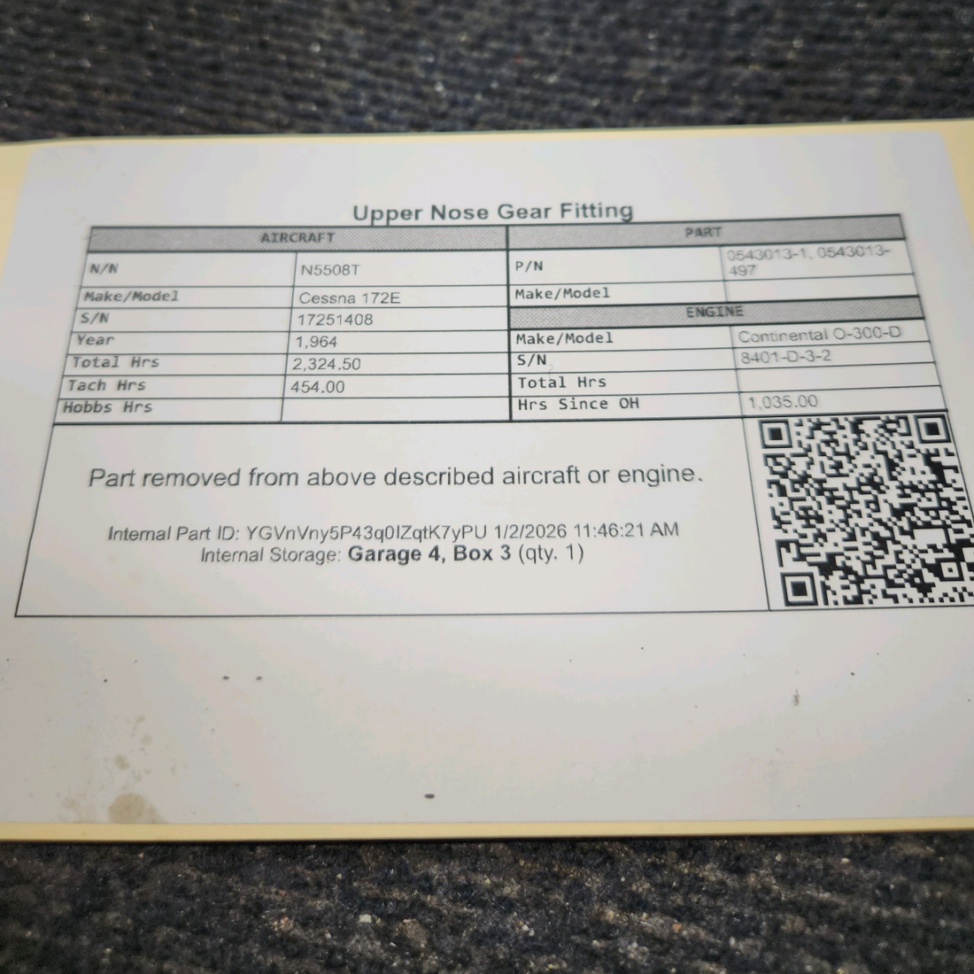 Used aircraft parts for sale, 0543013-1 Cessna 172E Upper Nose Gear Fitting