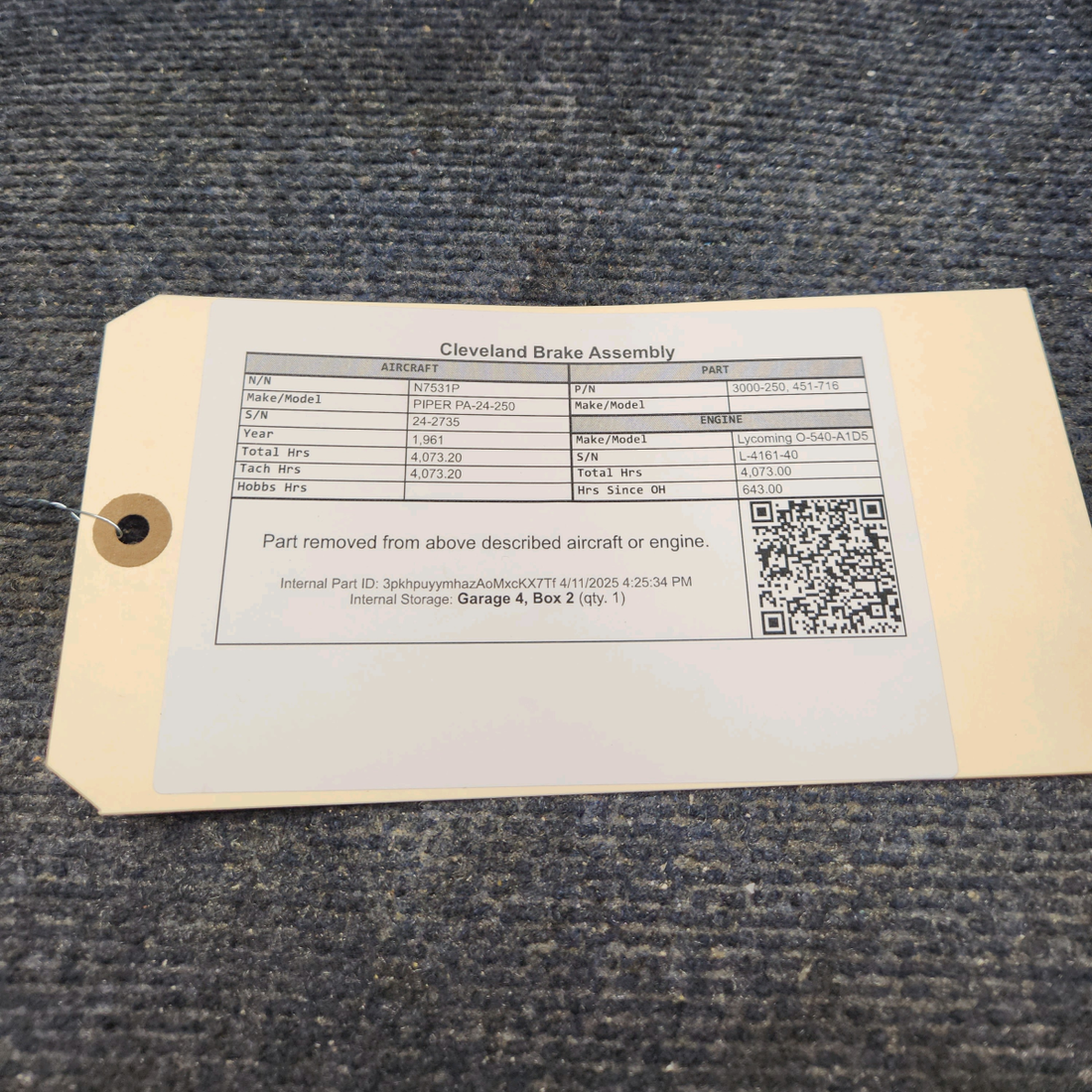 Used aircraft parts for sale, 3000-250 Cleveland 451-716 PIPER PA-24-250 Cleveland Brake Assembly