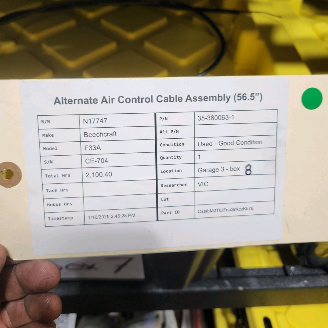 Used aircraft parts for sale, 35-380063-1 Beechcraft F33A ALTERNATE AIR CONTROL CABLE ASSEMBLY (56.5”)