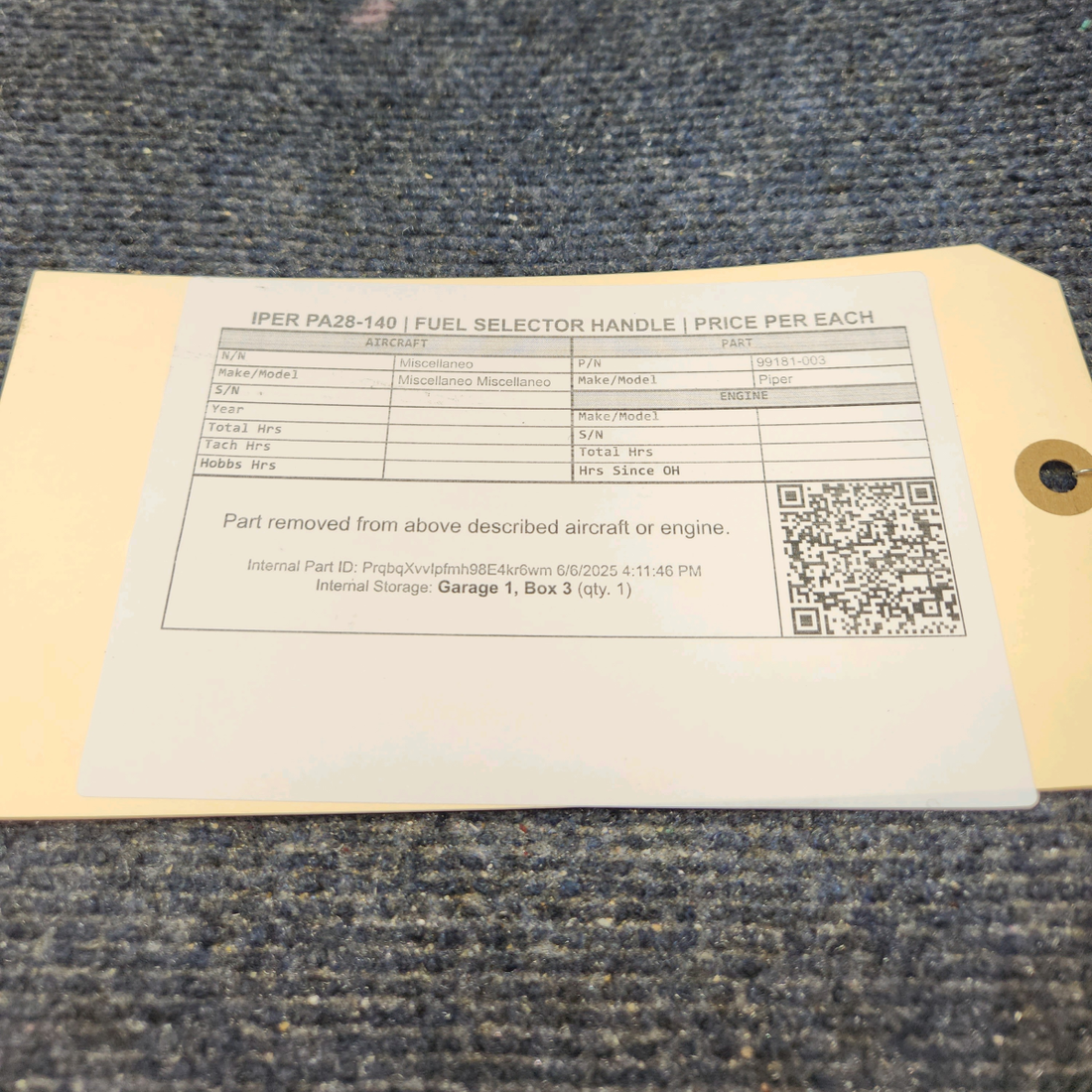 Used aircraft parts for sale, 99181-003 Piper PA28-140 Fuel Selector Handle Price per each