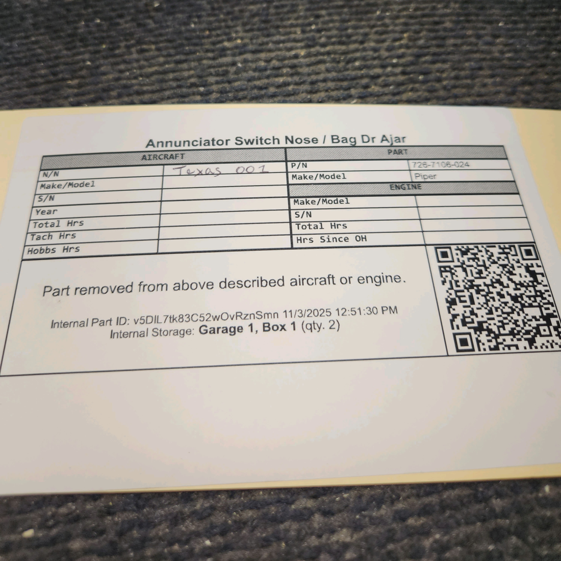 Used aircraft parts for sale, 726-7106-024 Korry Piper PA-31T Annunciator Switch – Nose/Baggage Door Ajar