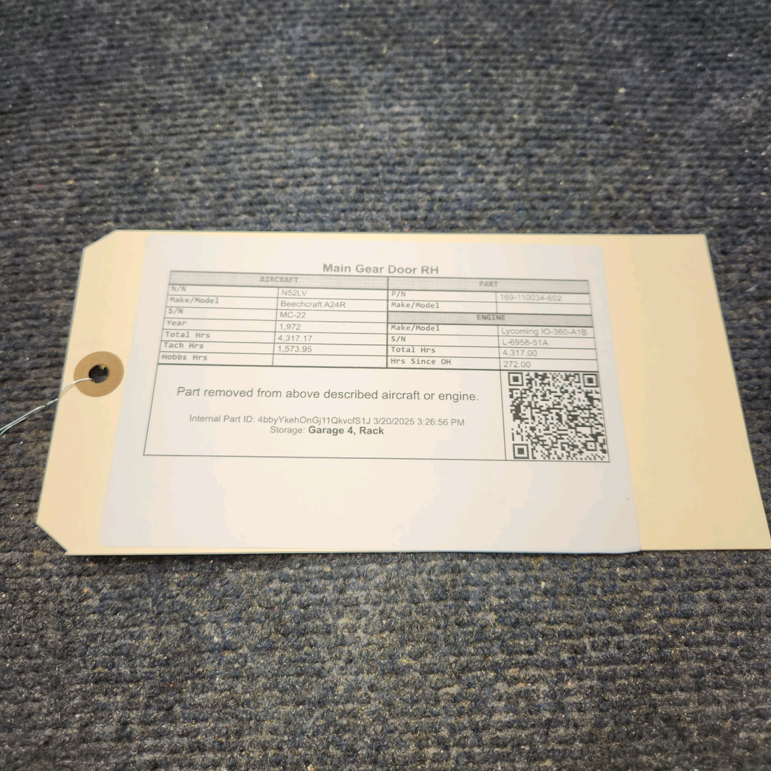 Used aircraft parts for sale, 169-110034-602 Beechcraft A24R Main Gear Door RH