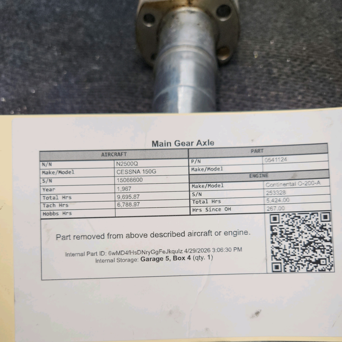 Used aircraft parts for sale, 0541124 cessna 150G Main Landing Gear Axle