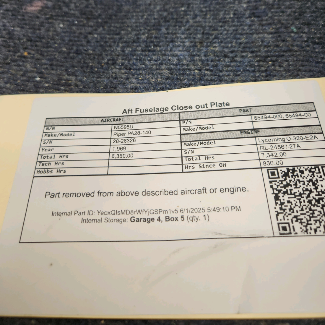 Used aircraft parts for sale, 65494-000 Piper PA28-140 Aft Fuselage Closeout Plate