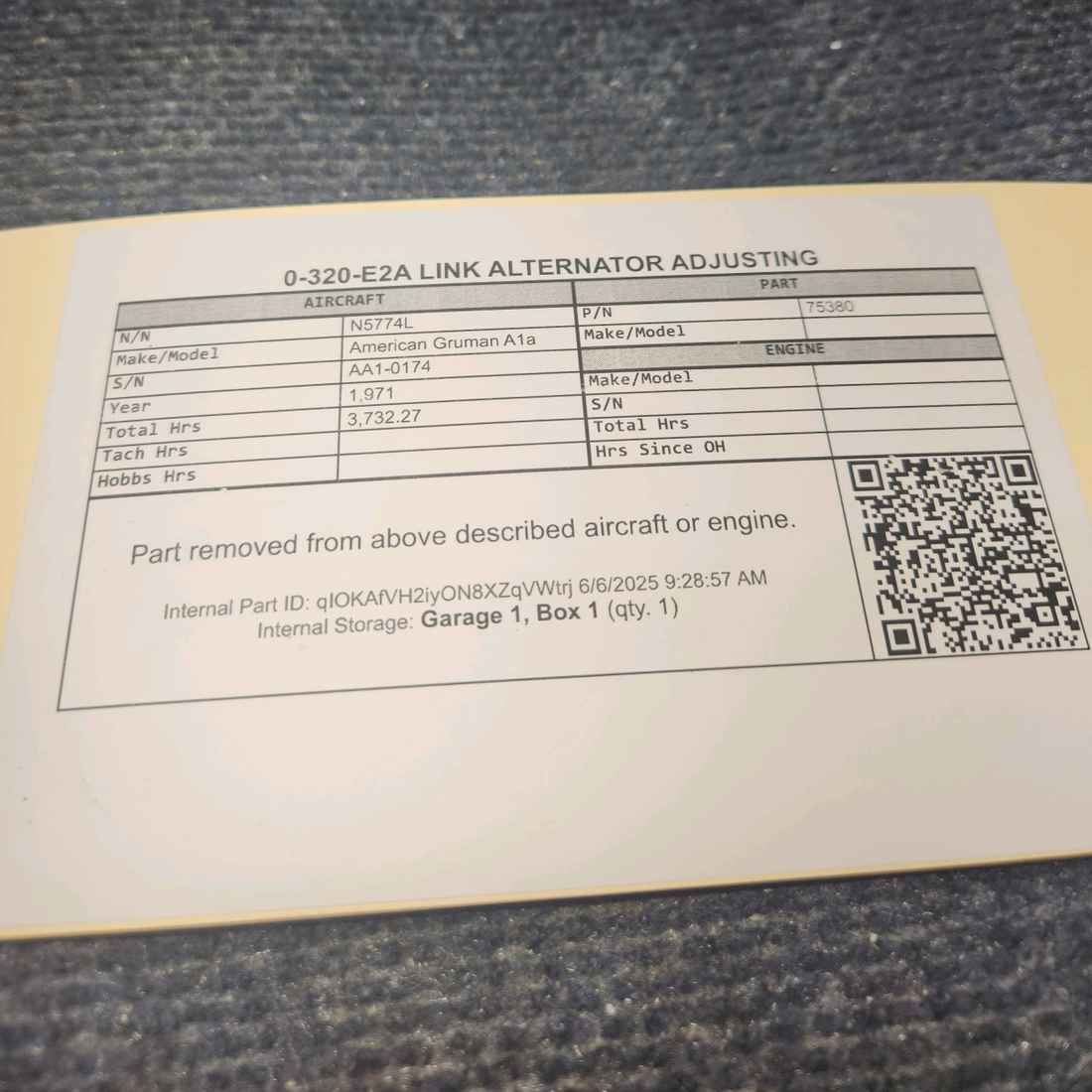Used aircraft parts for sale, 75380 Lycoming 0-320-E2A American Gruman A1A LINK ALTERNATOR ADJUSTING