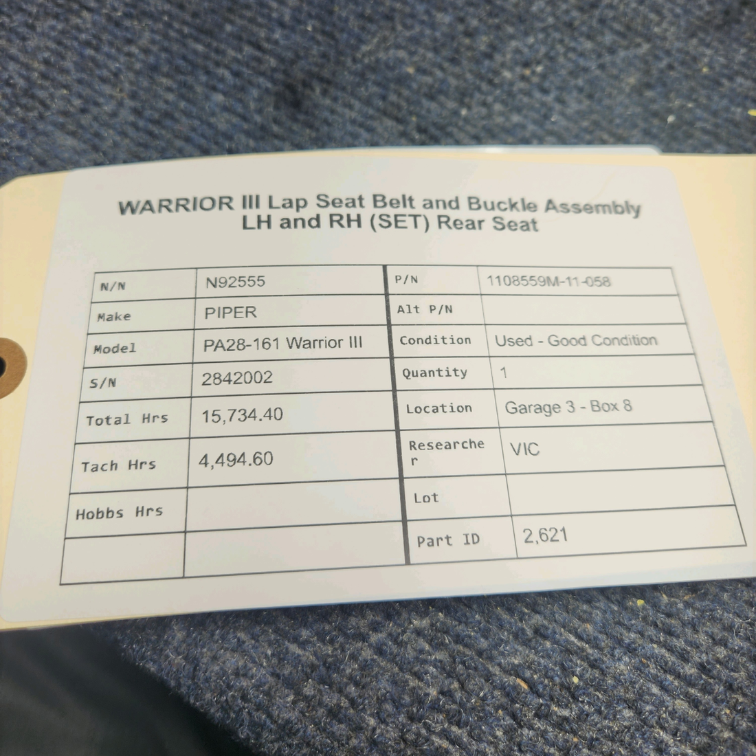 Used aircraft parts for sale, 1108559M-11-058 PIPER PA28-161 Warrior III LAP SEAT BELT AND BUCKLE ASSEMBLY LH AND RH SET REAR SEAT