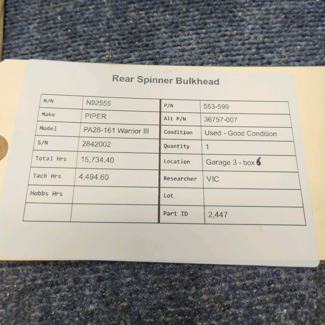 Used aircraft parts for sale, 553-599 PIPER PA28-161 Warrior III REAR SPINNER BULKHEAD