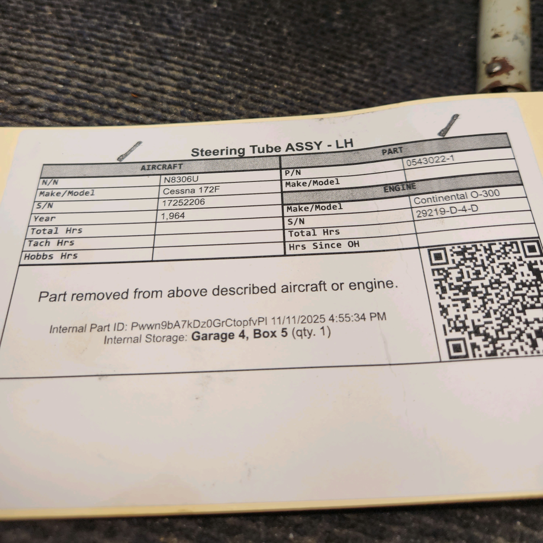 Used aircraft parts for sale, 0543022-1 Cessna 172F Steering Tube ASSY - LH