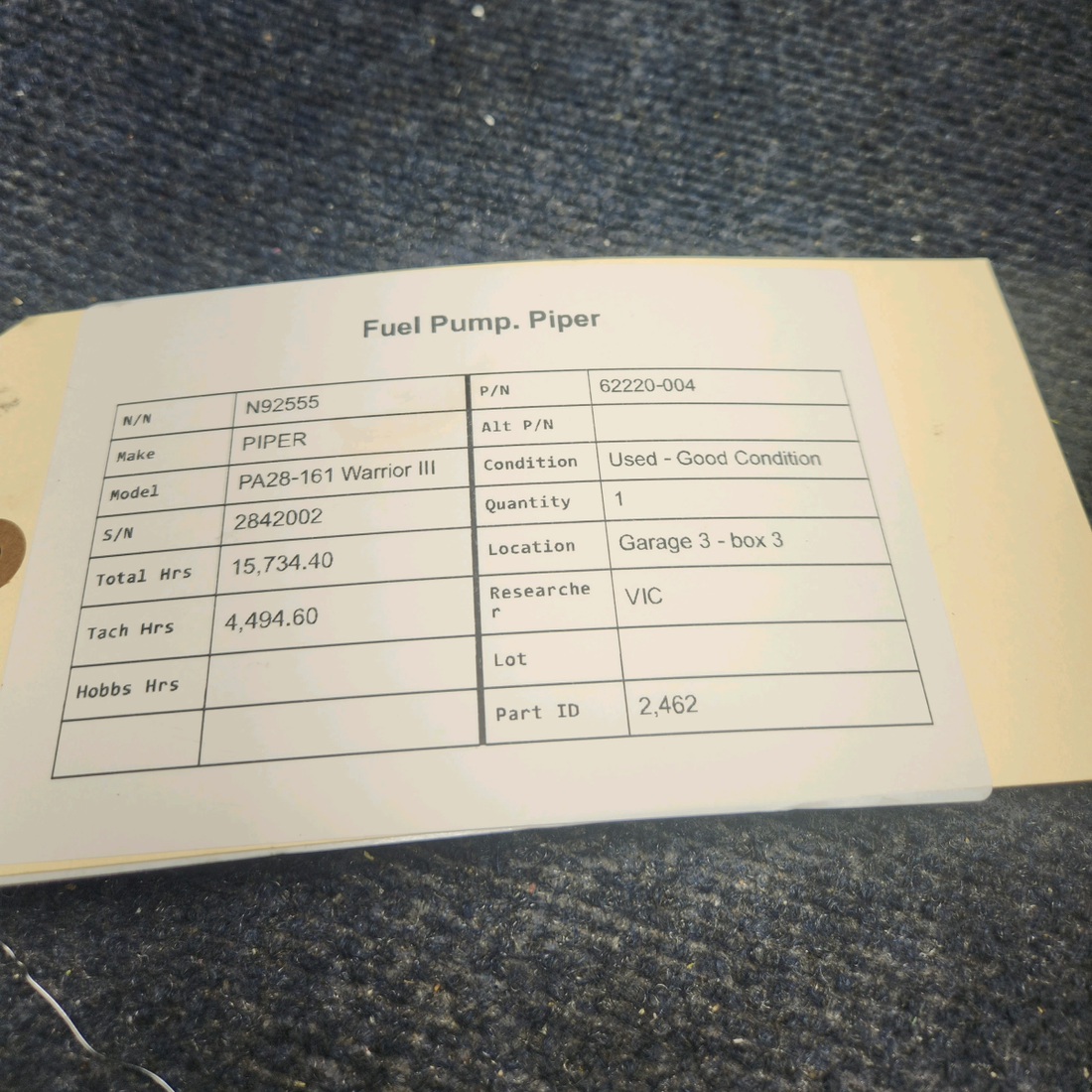 Used aircraft parts for sale, 62220-004 PIPER PA28-161 Warrior III FUEL PUMP. PIPER