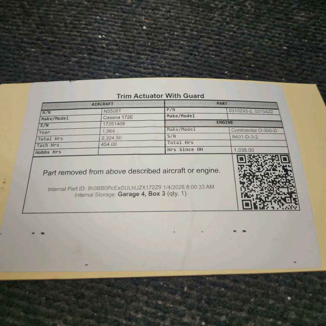 Used aircraft parts for sale, 0310293-2, 0310422 Cessna 172E Trim Actuator With Guard