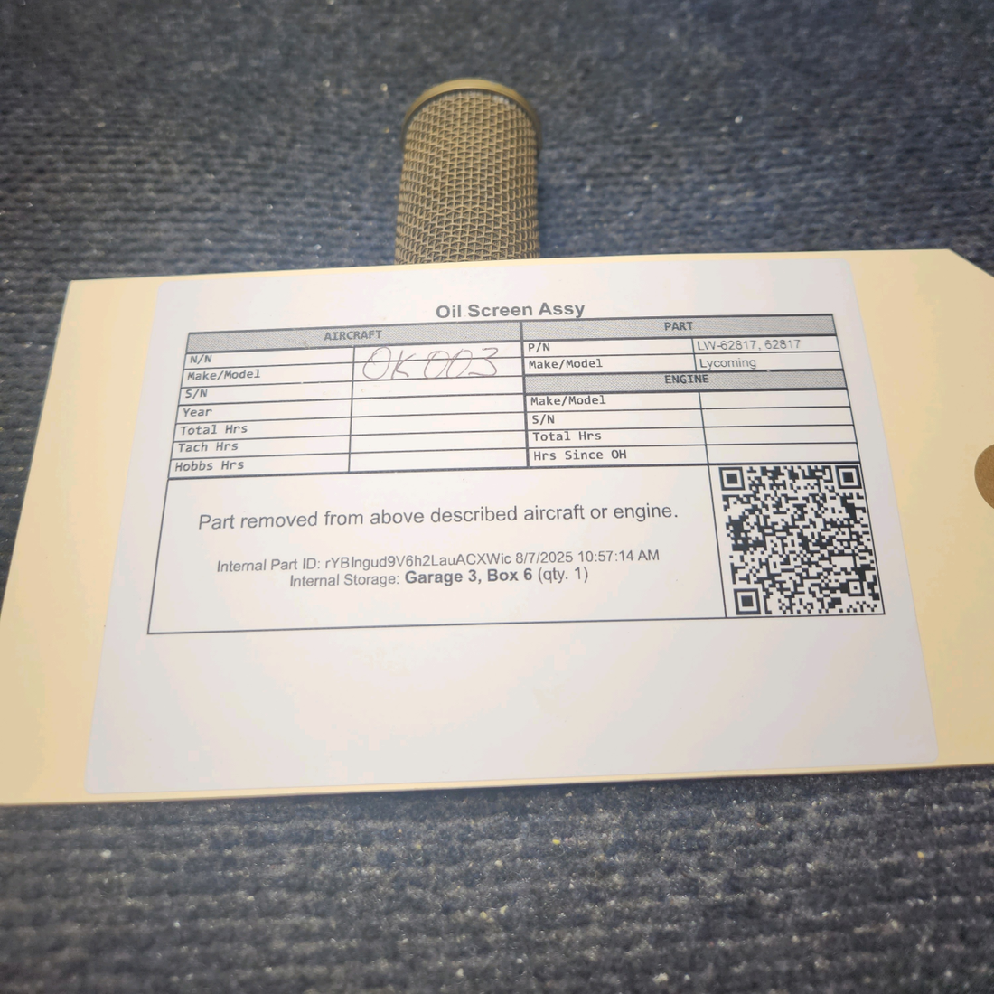 Used aircraft parts for sale, LW-62817 Lycoming Oil Screen Assy