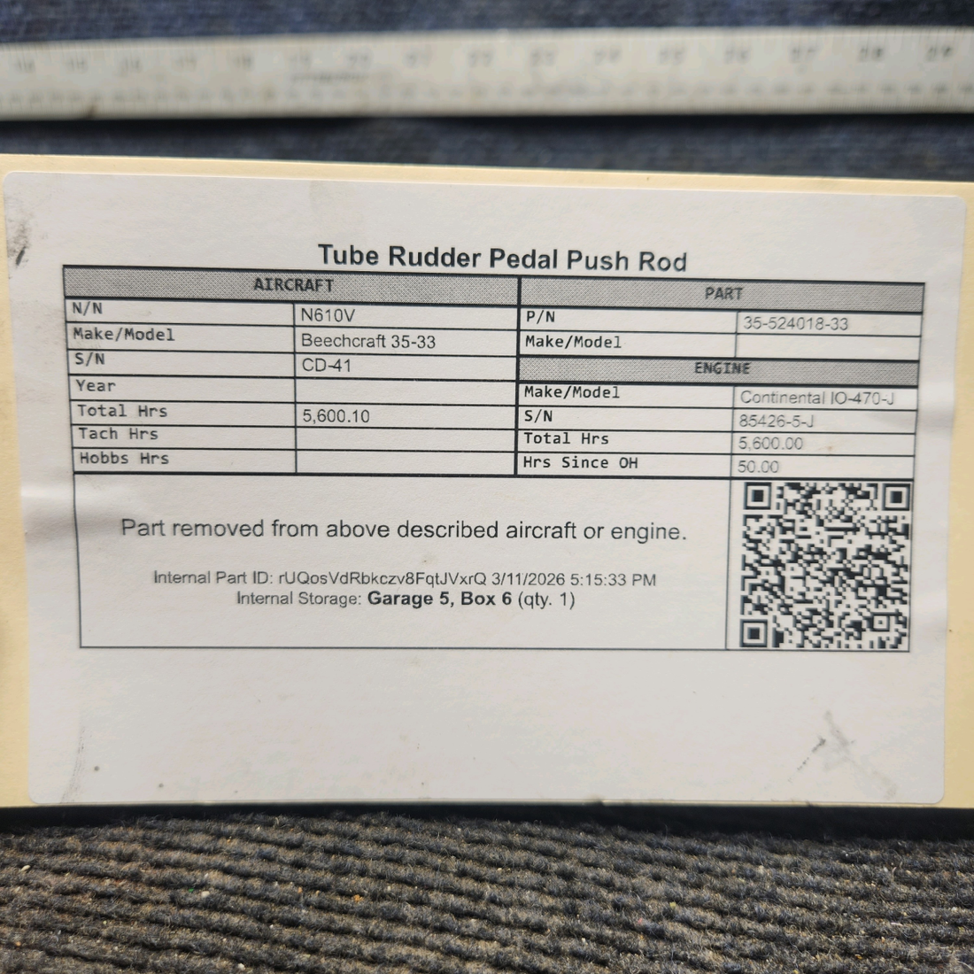 Used aircraft parts for sale, 95-524018-33 Beechcraft 35-33 Tube Rudder Pedal Push Rod
