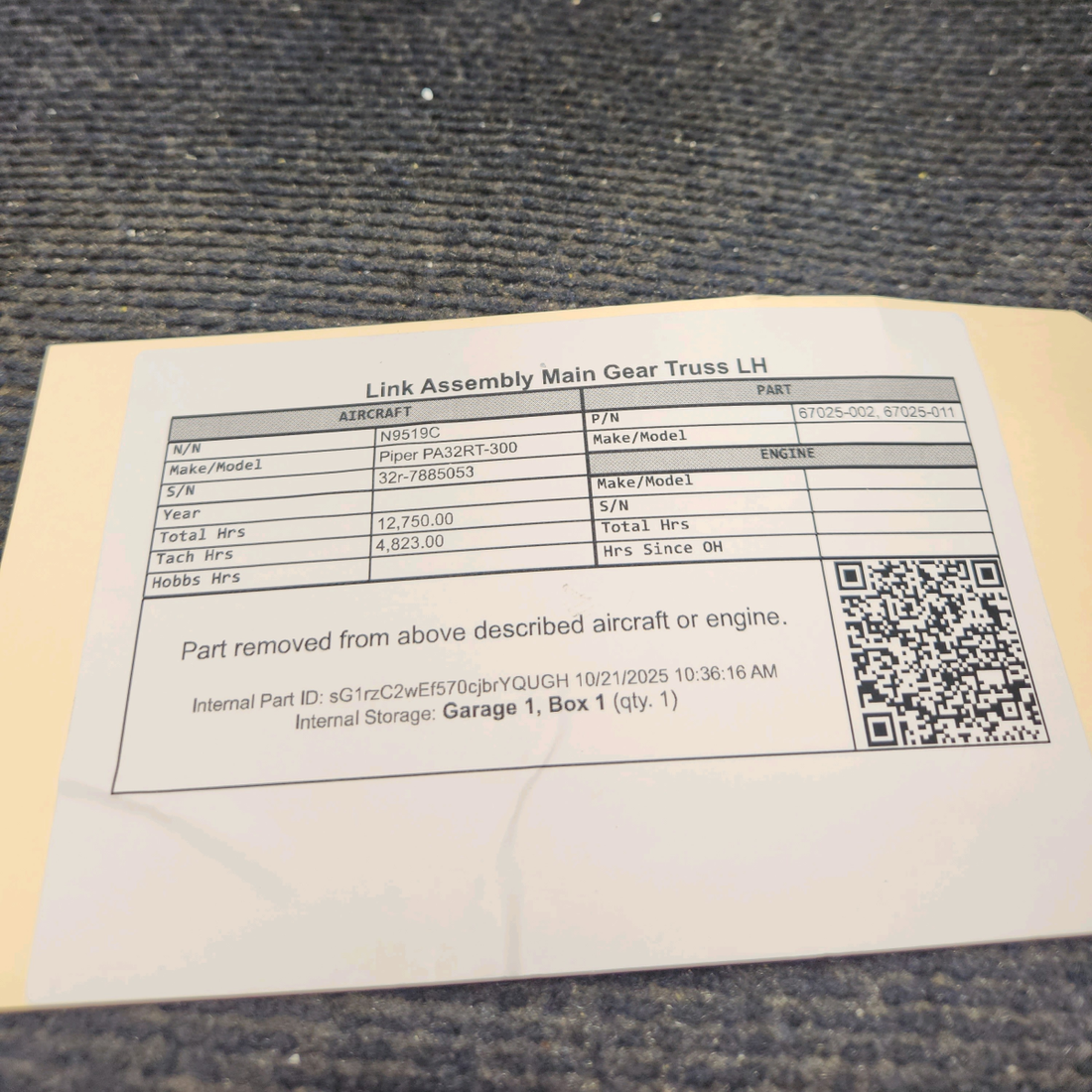 Used aircraft parts for sale, 67025-002 Piper PA32RT-300 Link Assembly Main Gear Truss - LH