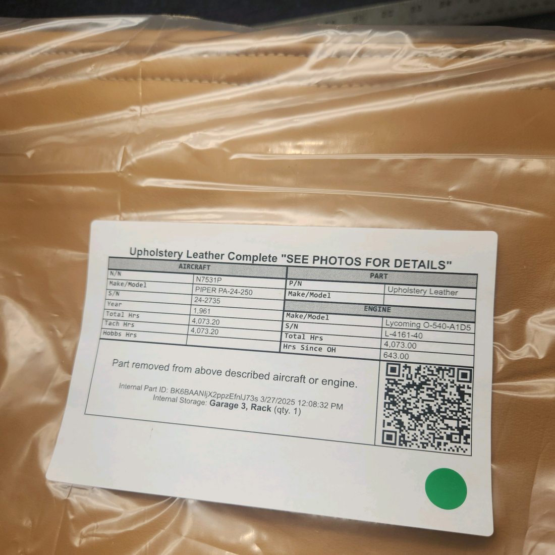 Used aircraft parts for sale, Upholstery Leather PIPER PA-24-250 Upholstery Leather Complete "SEE PHOTOS FOR DETAILS"
