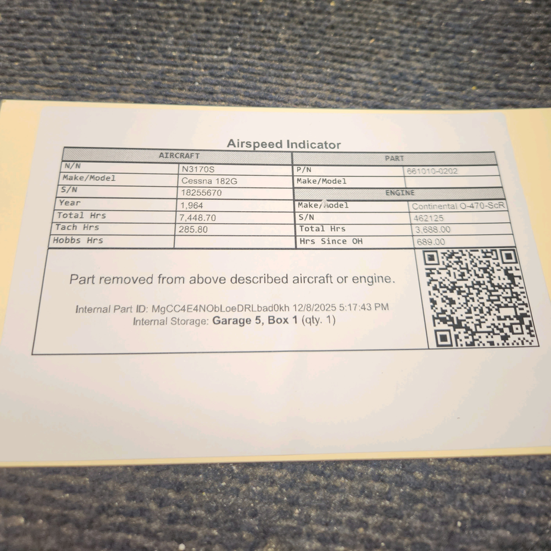 Used aircraft parts for sale, 661010-0202 Cessna 182G Airspeed Indicator