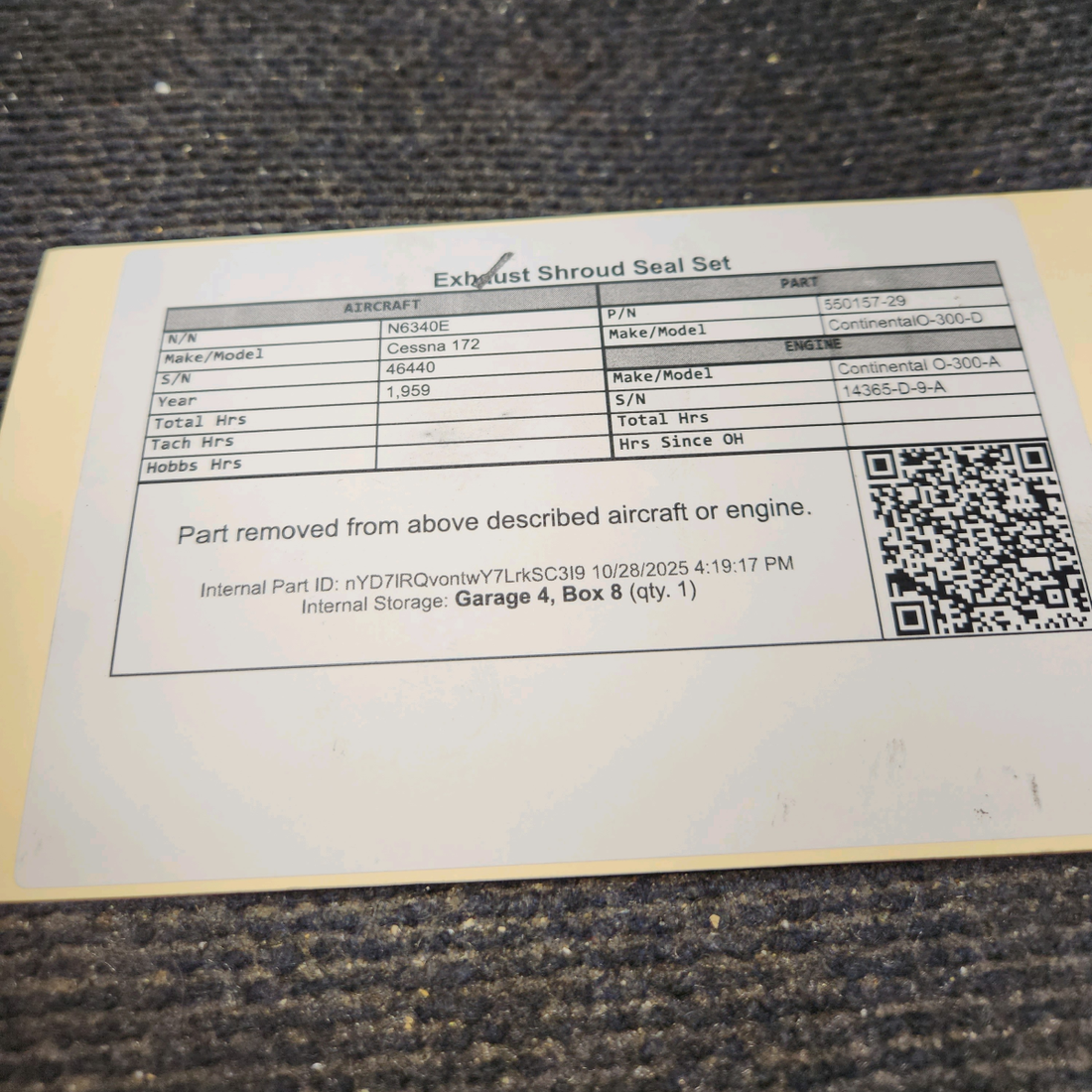 Used aircraft parts for sale, 0550157-29 Continental O-300-D Cessna 172 Exhaust Shroud Seal Set
