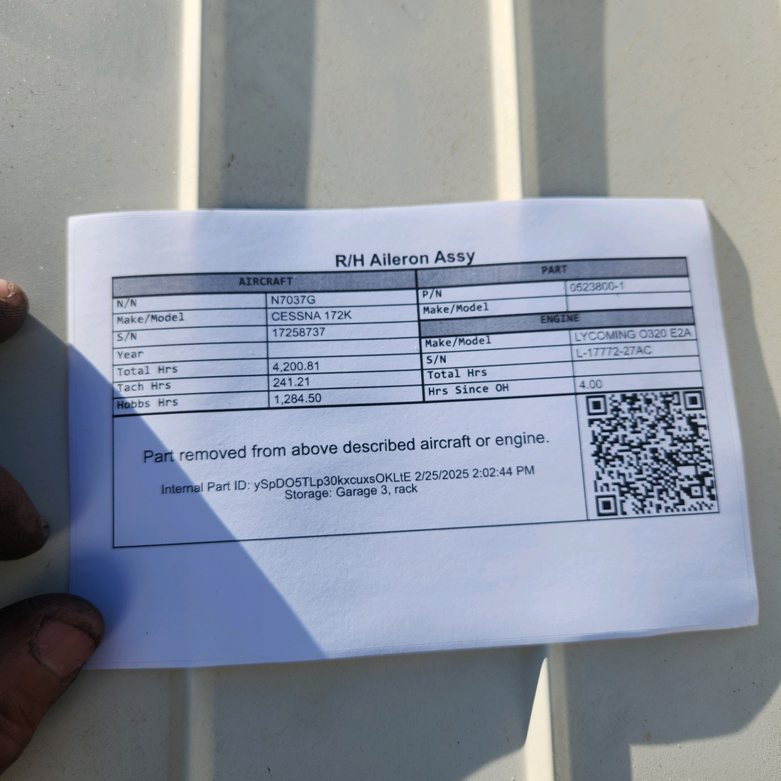 Used aircraft parts for sale, 0523800-1 CESSNA 172K R/H AILERON ASSY CORE - SEE PHOTOS FOR DAMAGES