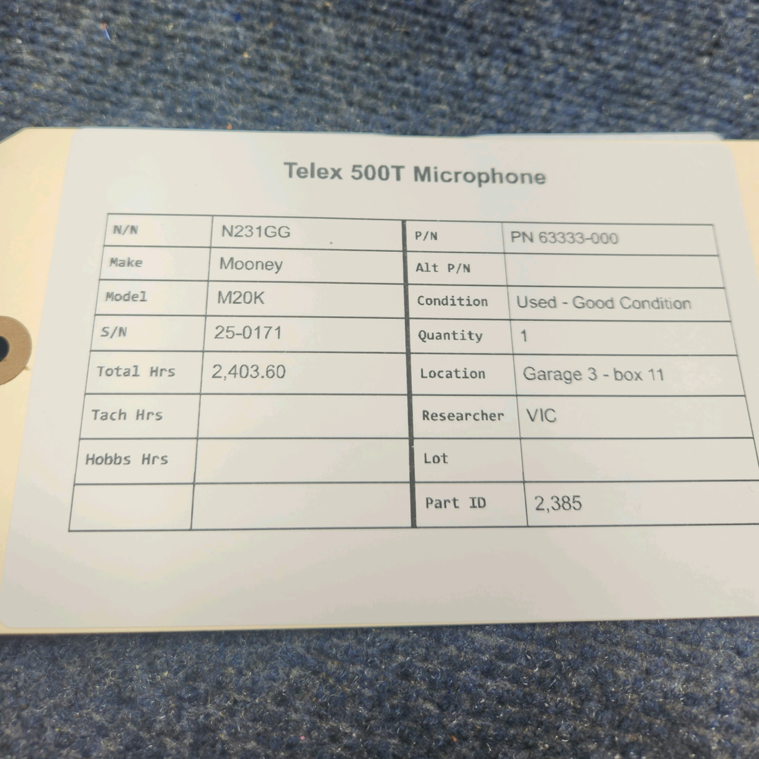 Used aircraft parts for sale, PN 63333-000 Mooney M20K TELEX 500T MICROPHONE