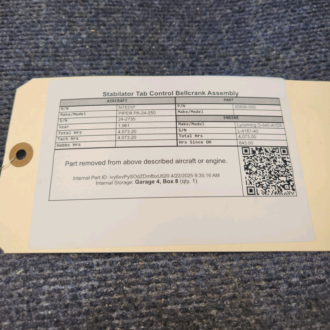 Used aircraft parts for sale, 20836-000 PIPER PA-24-250 Stabilator Tab Control Bellcrank Assembly