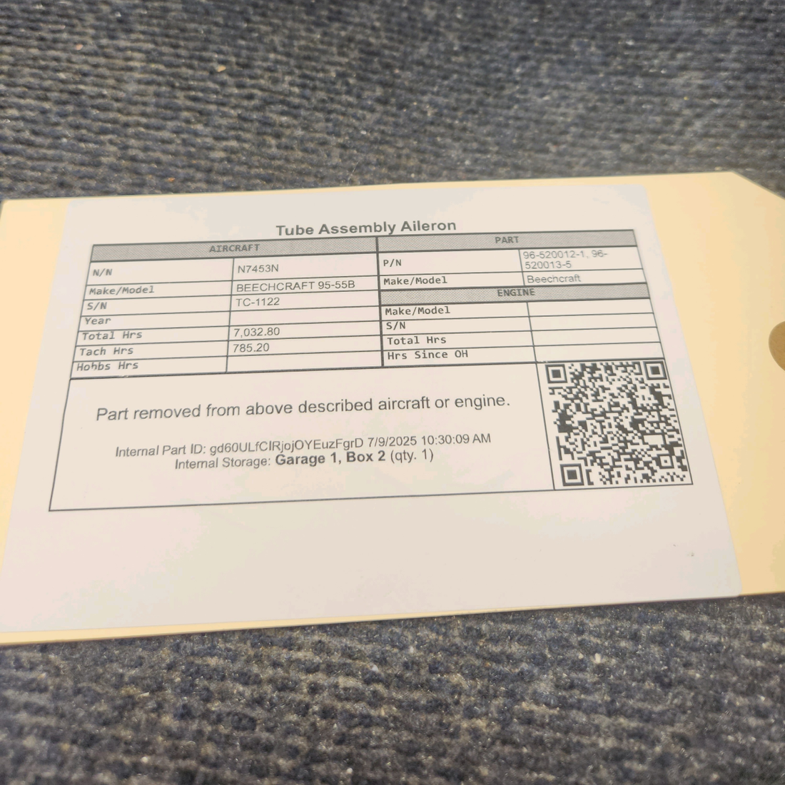 Used aircraft parts for sale, 96-520012-1 Beechcraft BEECHCRAFT 95-55B Tube Assembly Aileron