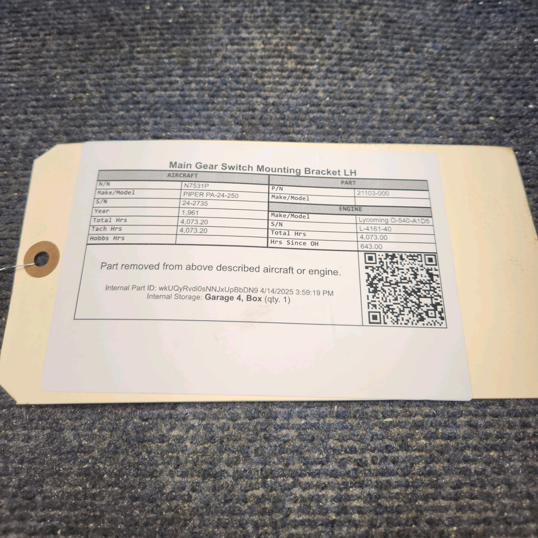 Used aircraft parts for sale, 21103-000 PIPER PA-24-250 Main Gear Switch Mounting Bracket LH