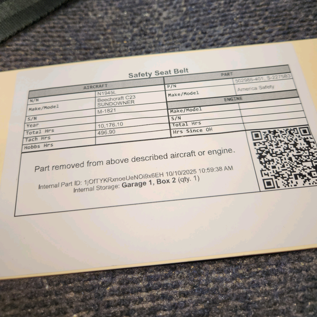 Used aircraft parts for sale, 502985-401 America Safety Beechcraft C23 SUNDOWNER Safety Seat Belt