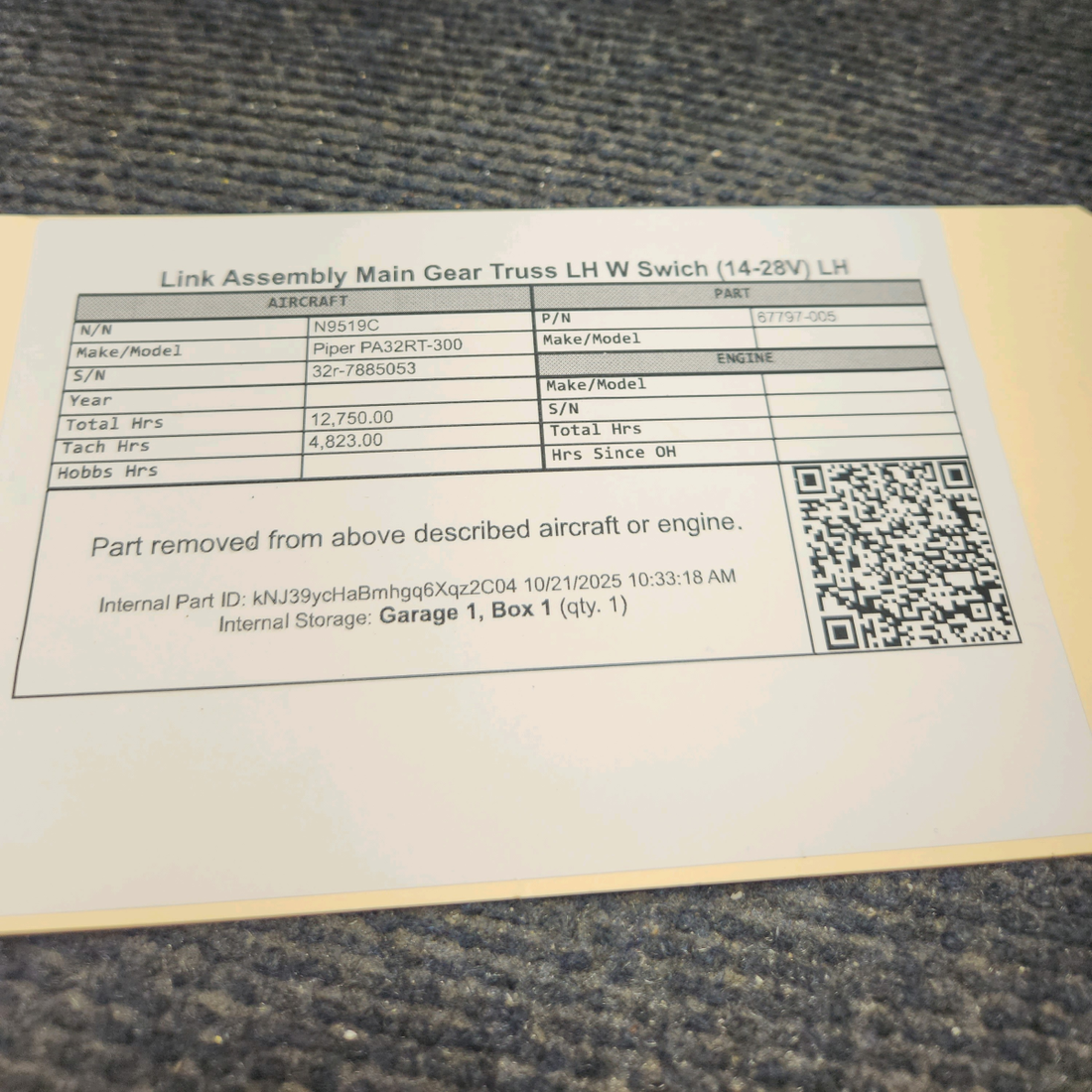 Used aircraft parts for sale, 67797-005 Piper PA32RT-300 Link Assembly Main Gear Truss with Switch - LH (14-28V)