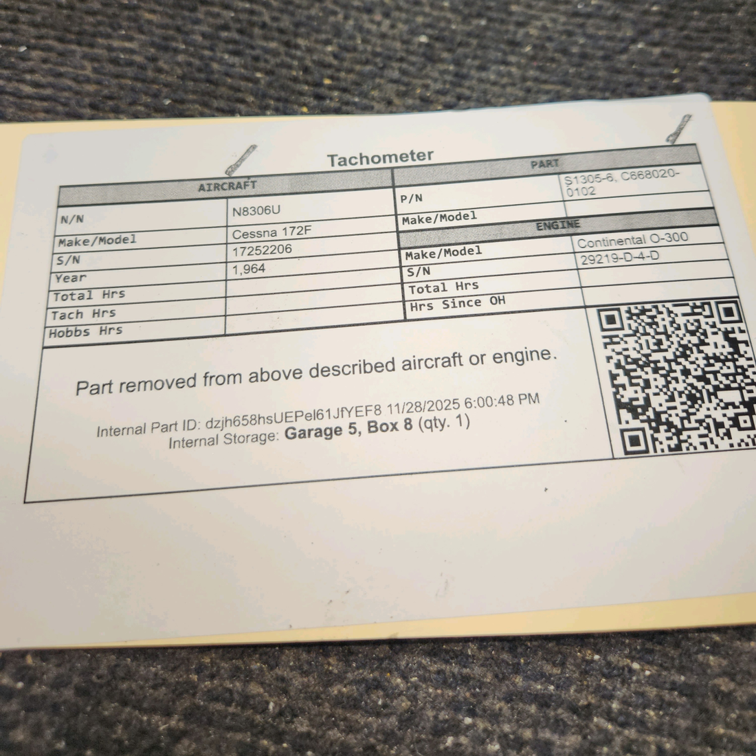 Used aircraft parts for sale, S1305-6 Cessna 172F Tachometer