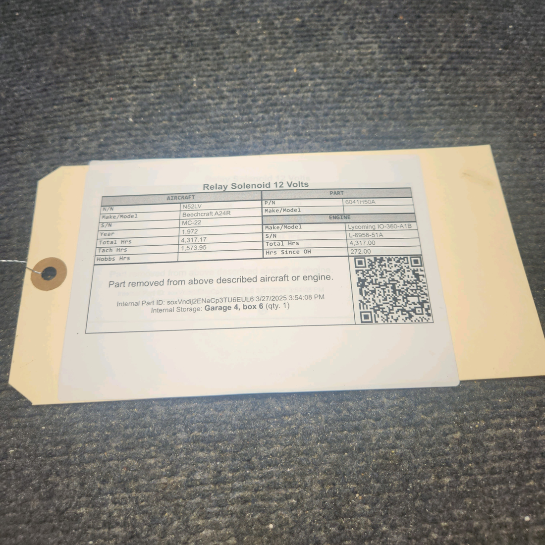 Used aircraft parts for sale, 6041H50A Beechcraft A24R Relay Solenoid 12 Volts