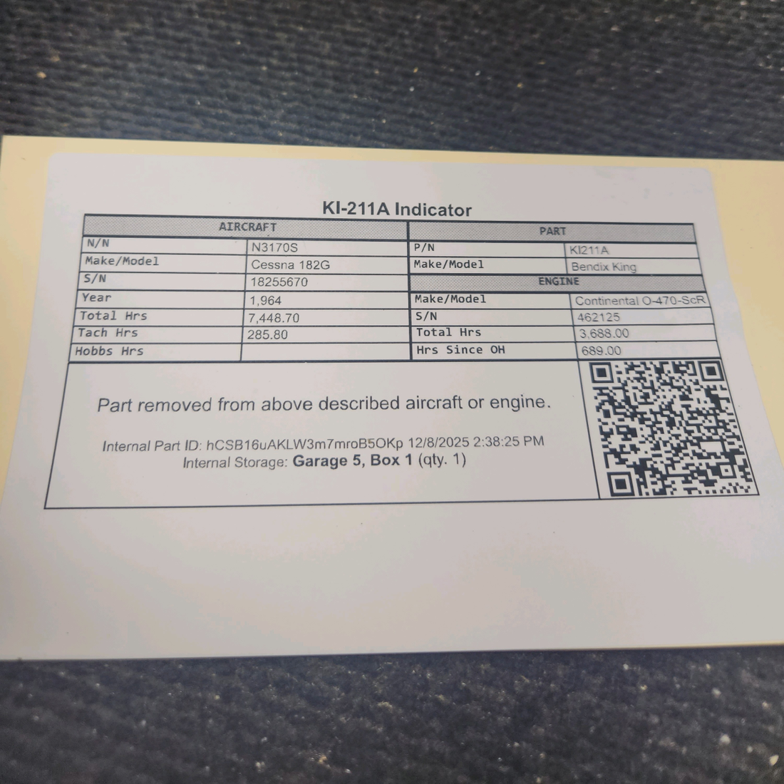 Used aircraft parts for sale, KI-211A Bendix King KI-211A Cessna 182G Indicator