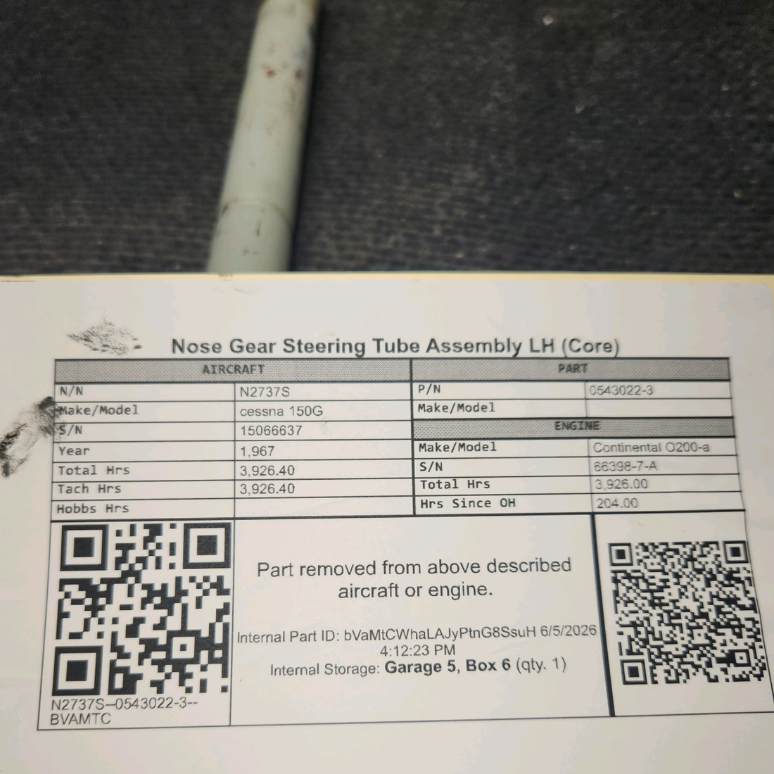 Used aircraft parts for sale, 0543022-3 cessna 150G Nose Gear Steering Tube Assembly – LH (Core)
