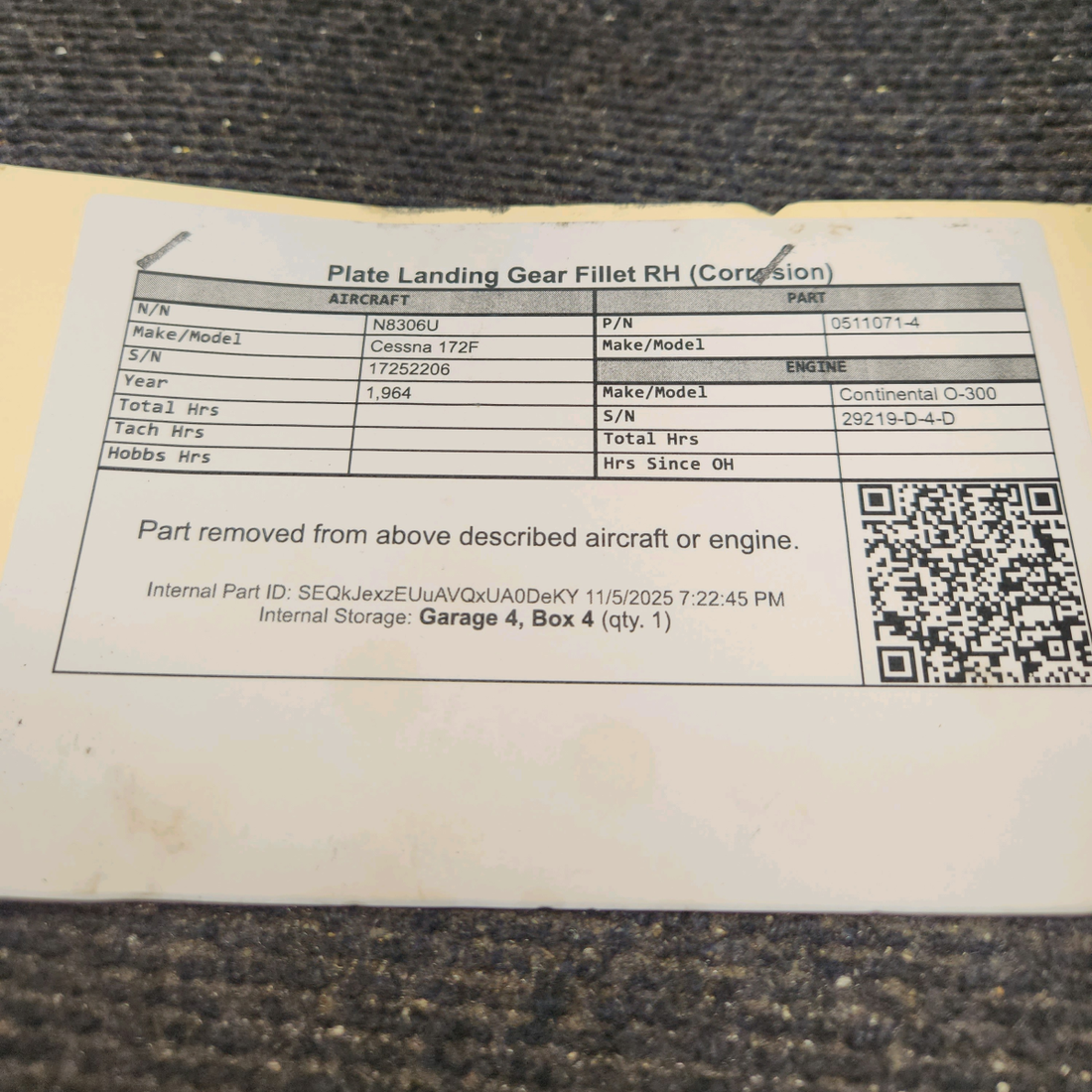 Used aircraft parts for sale, 0511071-4 Cessna 172F Plate Landing Gear Fillet - RH (Corrosion)