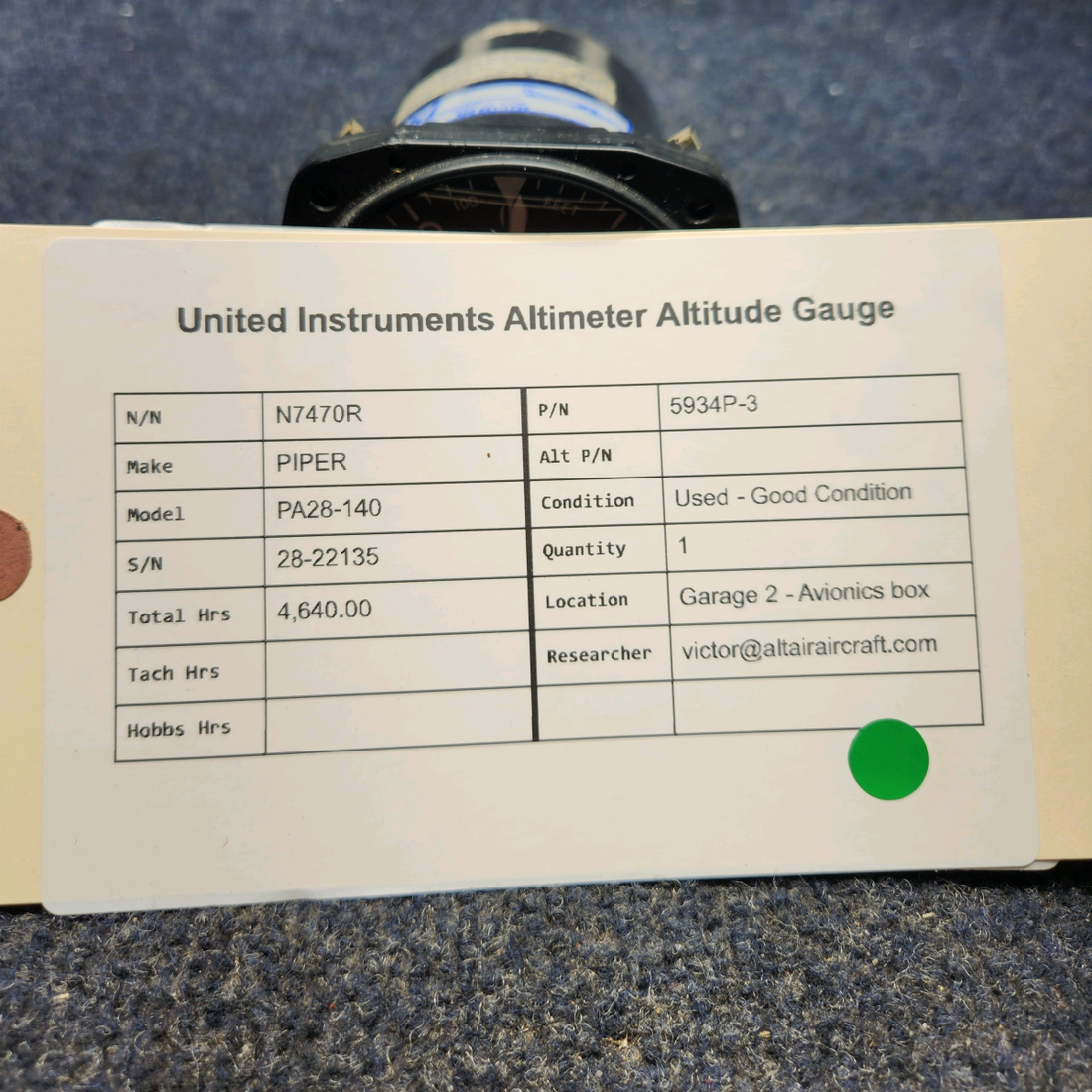 Used aircraft parts for sale, 5934P-3 PIPER PA28-140 UNITED INSTRUMENTS ALTIMETER ALTITUDE GAUGE