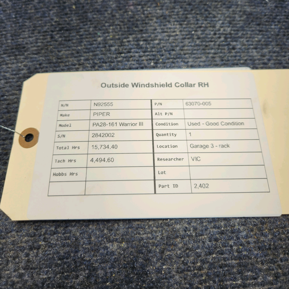 Used aircraft parts for sale, 63070-005 PIPER PA28-161 Warrior III OUTSIDE WINDSHIELD COLLAR RH