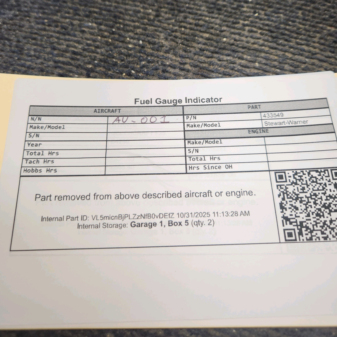 Used aircraft parts for sale, 433549 Stewart-Warner Cessna Fuel Gauge Indicator