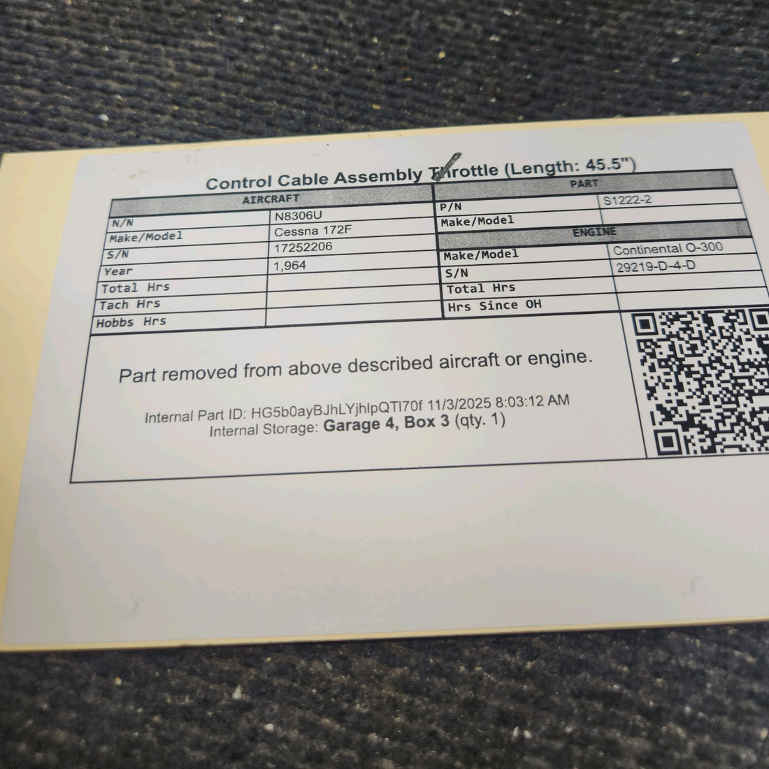 Used aircraft parts for sale, S1222-2 Cessna 172F Control Cable Assembly Throttle (Length: 45.5")