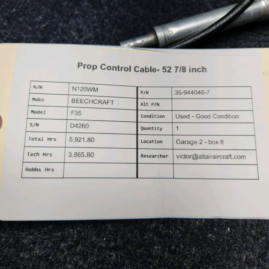 Used aircraft parts for sale, 35-944046-7 BEECHCRAFT F35 PROP CONTROL CABLE- 52 7/8 INCH