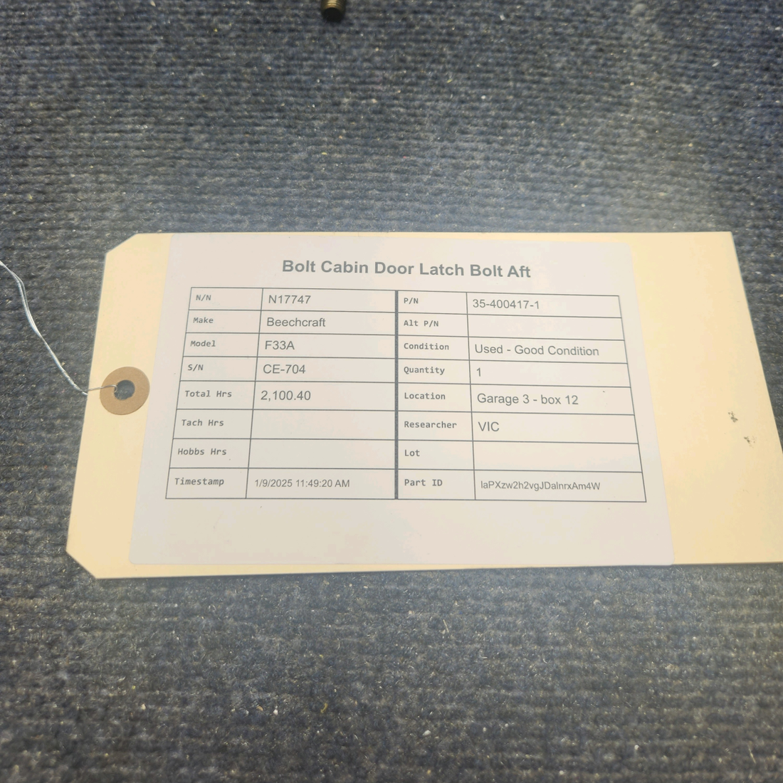 Used aircraft parts for sale, 35-400417-1 Beechcraft F33A BOLT CABIN DOOR LATCH BOLT AFT