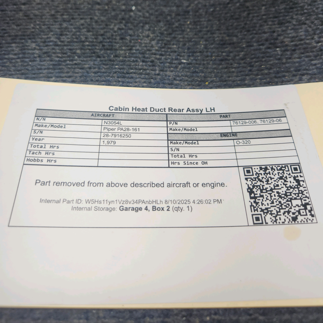 Used aircraft parts for sale, 76129-006 Piper PA28-161 Cabin Heat Duct Rear Assy - LH