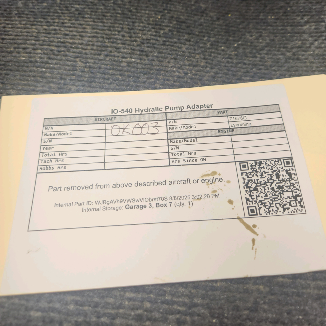 Used aircraft parts for sale, 71676-G Lycoming IO-540 Hydraulic Pump Adapter