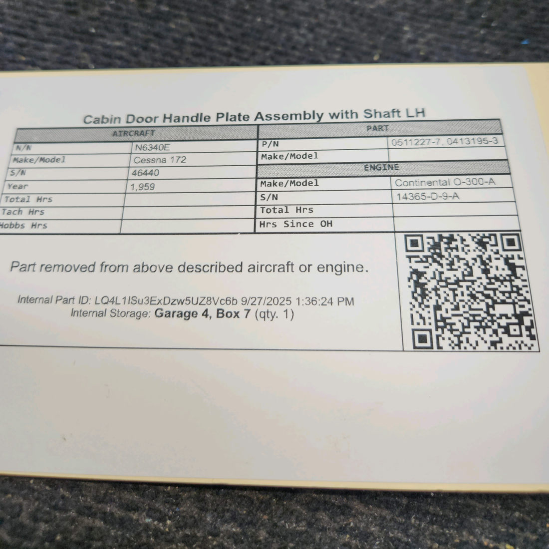 Used aircraft parts for sale, 0511227-7, 0413195-3 Cessna 172 Cabin Door Handle Plate Assembly with Shaft LH