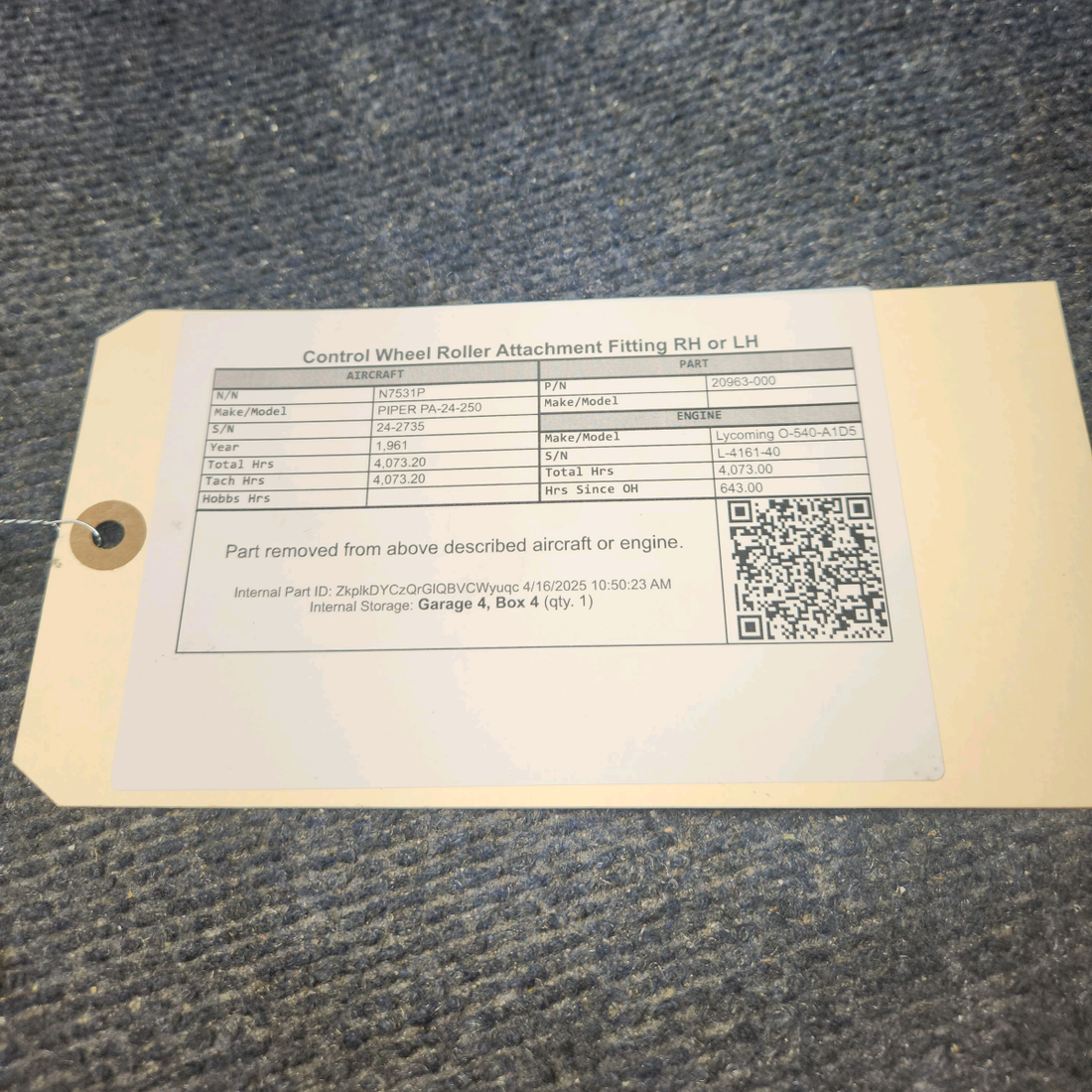 Used aircraft parts for sale, 20963-000 PIPER PA-24-250 Control Wheel Roller Attachment Fitting RH or LH