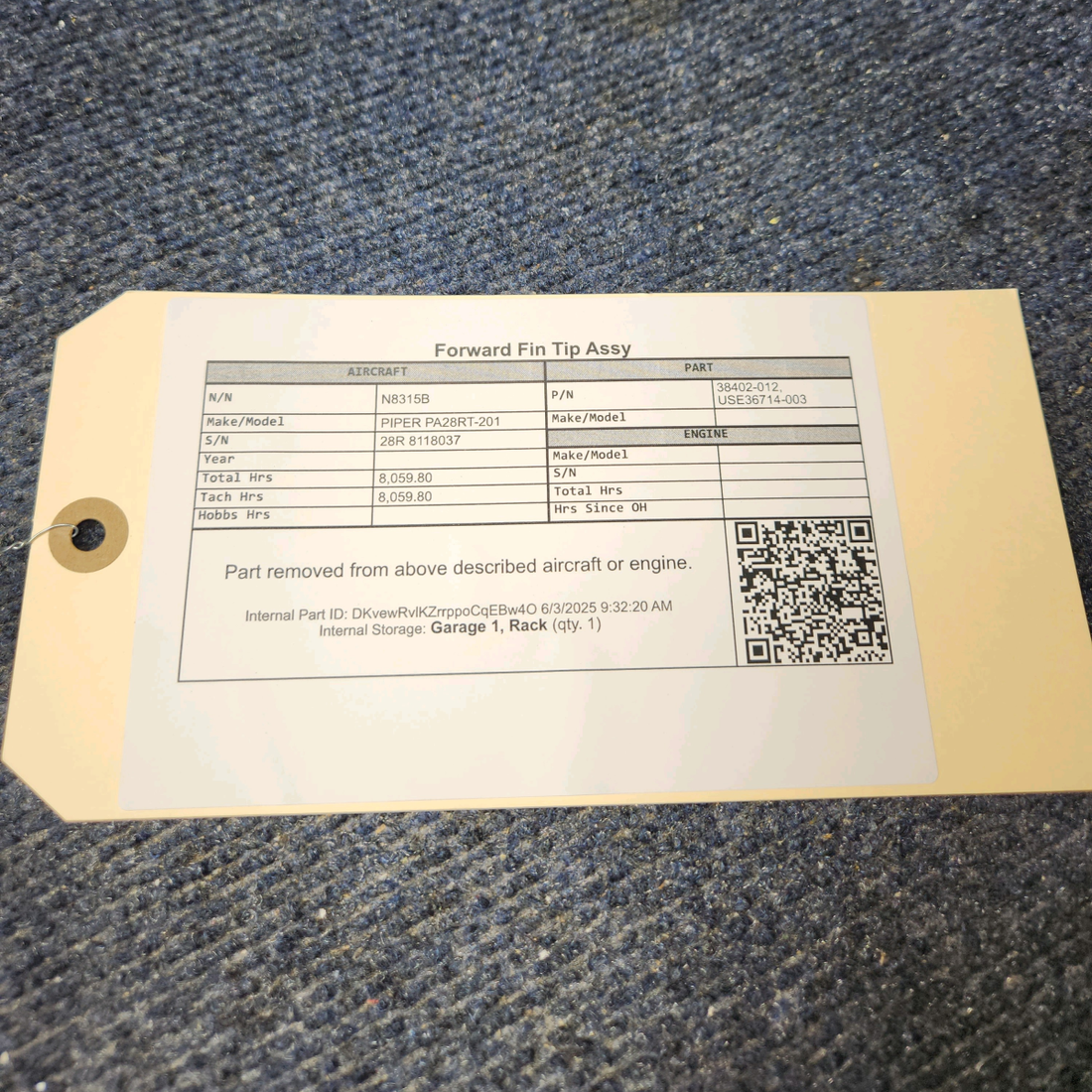 Used aircraft parts for sale, 38402-012 PIPER PA28RT-201 Forward Vertical Fin Tip Assy