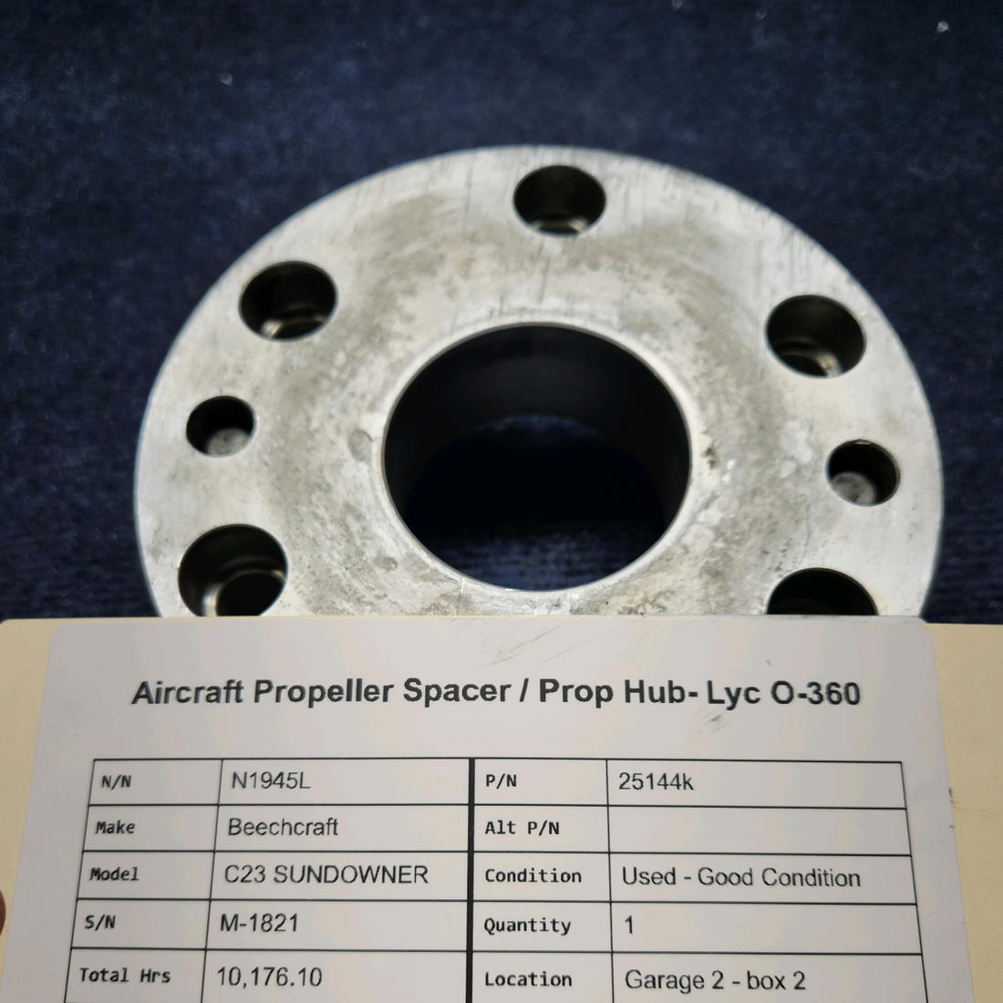 Used aircraft parts for sale, 25144k Beechcraft C23 SUNDOWNER AIRCRAFT PROPELLER SPACER / PROP HUB- LYC O-360