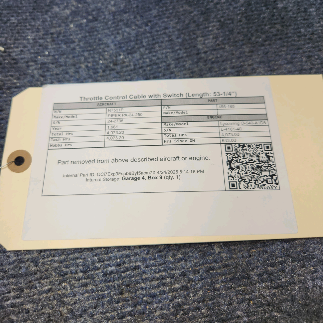 Used aircraft parts for sale, 455-185 PIPER PA-24-250 Throttle Control Cable with Switch (Length: 53-1/4”)