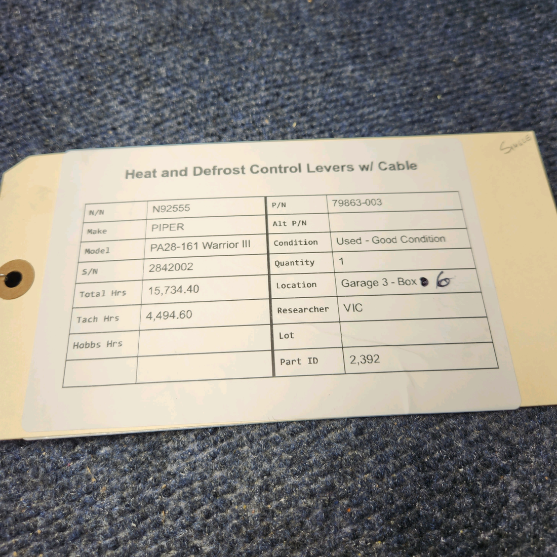 Used aircraft parts for sale, 79863-003 PIPER PA28-161 Warrior III HEAT AND DEFROST CONTROL LEVERS W/ CABLE